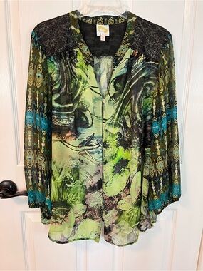 Fig and Flower Sheer Floral Lace Blouse 2X Fairy Grunge Whimsigoth Peasant Green